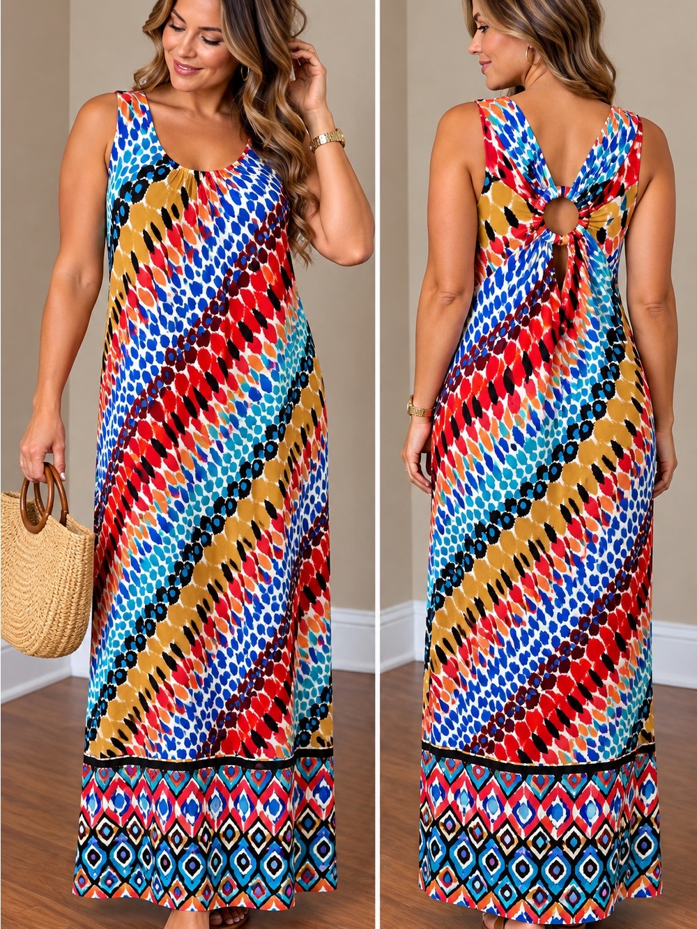 Emma & Michele Multicolor Red Blue Gold Patterned Maxi Dress